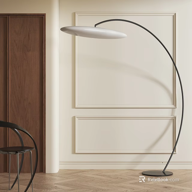 Floor Lamp With Black Metal Stand Round Lampshade Against Walnut Wood And Cream Paneled Wall 3d model 