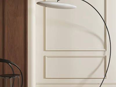 Floor Lamp With Black Metal Stand Round Lampshade Against Walnut Wood And Cream Paneled Wall 3d model