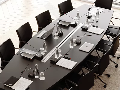 Modern Conference Table With Black Chairs Laptops Water Bottles And Microphones In Bright Meeting Room 3d model