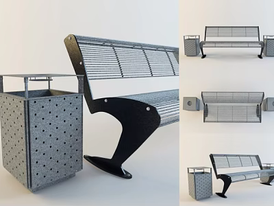 Modern Public Bench With Metal Mesh Seat And Attached Trash Bin For Outdoor Use 3d model