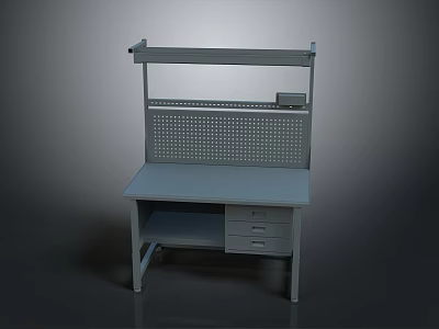 Gray Office Desk With Perforated Back Panel Shelf And Drawers Storage Compartment 3d model