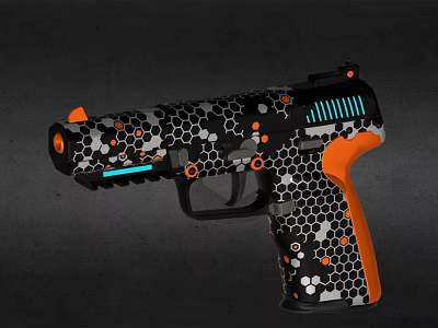 Tactical Pistol Featuring Honeycomb Pattern Black White Orange Color Blue Accent Stripe And Orange Grip 3d model