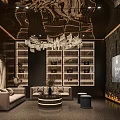 Modern Luxurious Home Theater Interior With Dark Wooden Walls Chandelier TV Screen And Sofa Set