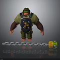 Muscular Gorilla in yellow shirt green goggles black backpack with radiation symbol and chain weight
