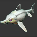 3D Model of Shark Creature Character With Silver Body Pink Eyes and Sharp Teeth