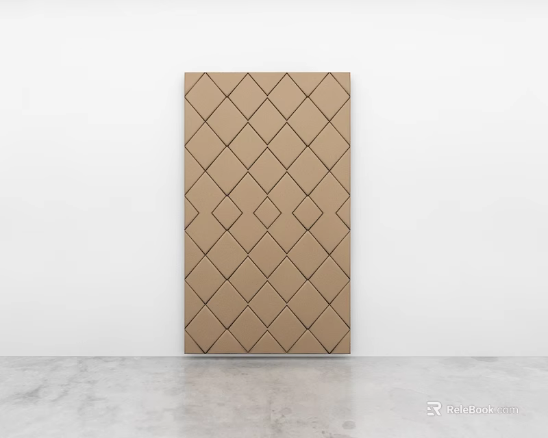 Beige Upholstered Panel With Diamond Pattern Design Against White Wall And Gray Concrete Floor 3d model 