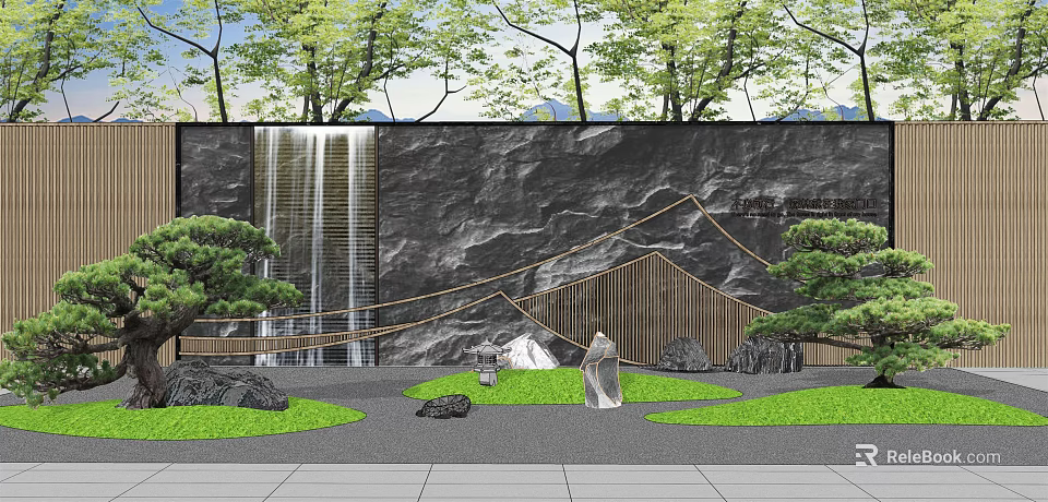 Landscape Wall with Waterfall Rock Design Green Plants Wooden Structure and Grass Area 3d model 