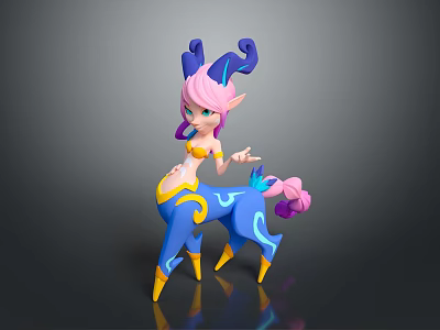 Magical Elf Character With Pink Hair Blue Horns And Blue Deer Body Creature 3d model