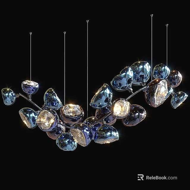 Modern Blue Crystal Chandelier with Decorative Metal Branches and Shiny Lights 3d model 
