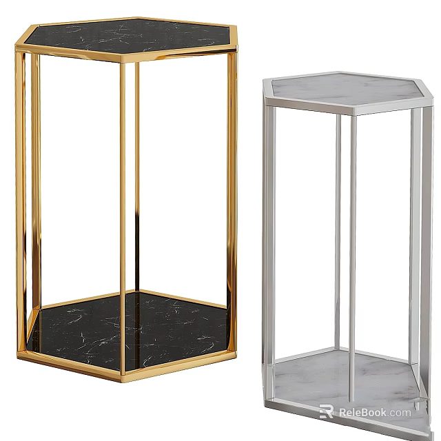 Stylish Gold Silver Frame Side Tables With Black White Marble Tops Modern Hexagonal Design 3d model 
