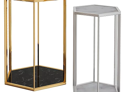 Stylish Gold Silver Frame Side Tables With Black White Marble Tops Modern Hexagonal Design 3d model