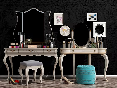 Classic Dressing Table With Mirror Cosmetic Items Decorative Frames And Stools 3d model