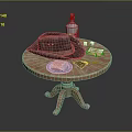 Wooden Dining Table With Old Hat Transparent Bottle Dice Plate Bread And Small Knife