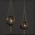 Rustic Rope Wrapped Glass Globe Chandeliers Illuminated Against Dark Wall 3d model