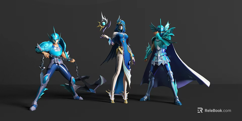 Game Movie Characters in Blue Green Armor with Weapons and Ornate Costumes 3d model 
