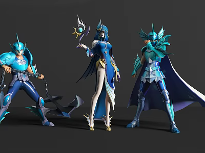 Game Movie Characters in Blue Green Armor with Weapons and Ornate Costumes 3d model