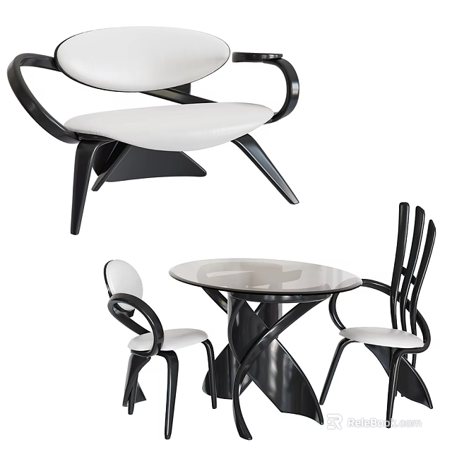 Modern Round Dining Table and Chair Set with Black Frame and White Curved Seats 3d model 