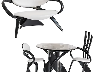 Modern Round Dining Table and Chair Set with Black Frame and White Curved Seats 3d model