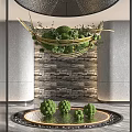 Hanging Landscape Sculpture With Golden Metal Frame Green Spherical And Small Plants Against Stone Wall