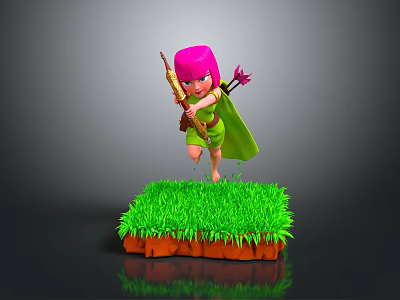 Game Movie Character With Pink Hair Green Cape Holding Bow Arrow On Grassy Platform 3d model