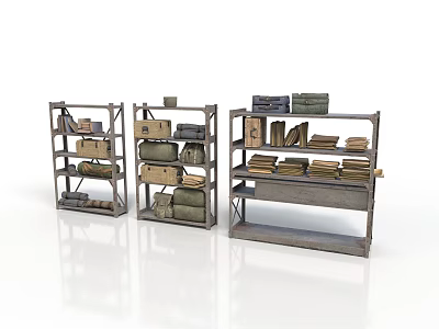 Three Vintage Metal Shelves With Books Boxes And Folded Fabrics Displayed 3d model