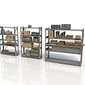 Three Vintage Metal Shelves With Books Boxes And Folded Fabrics Displayed