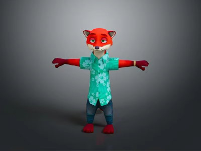 Game Movie Character Red Fox Wearing Green Floral Shirt and Blue Jeans with Arms Outstretched 3d model