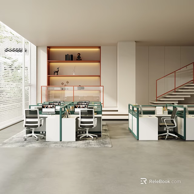 Modern Public Office Space Interior Design With Cubicles Ergonomic Chairs And Decorative Shelves 3d model 