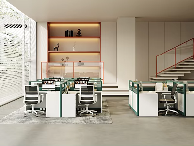 Modern Public Office Space Interior Design With Cubicles Ergonomic Chairs And Decorative Shelves 3d model