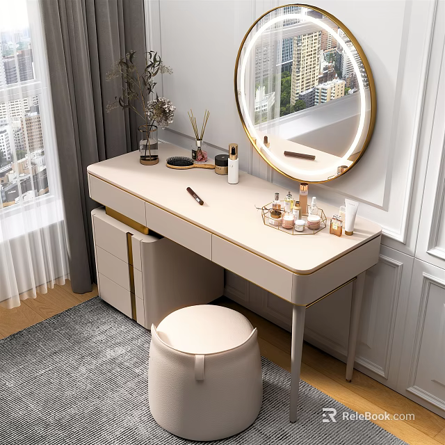 Modern Light Colored Dressing Table With Round Golden Frame Mirror Padded Stool And Cosmetics 3d model