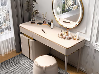 Modern Light Colored Dressing Table With Round Golden Frame Mirror Padded Stool And Cosmetics 3d model