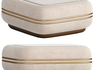 Beige Upholstered Ottoman With Gold Accent Stripes And Modern Comfortable Design 3d model