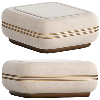 Beige Upholstered Ottoman With Gold Accent Stripes And Modern Comfortable Design 3d model