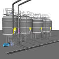 Industrial Equipment Featuring Four Large Stainless Steel Tanks with Pipes and Platform Structure