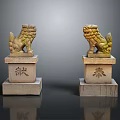 Traditional Carved Stone Lion Sculptures On Pedestals With Xian Feng Characters