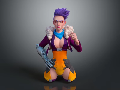 Cyberpunk Style Female Character With Purple Hair And Mechanical Arm 3d model