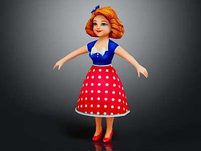 Cartoon Style 3D Female Character With Red Hair Blue Top And Red Polka Dot Skirt 3d model