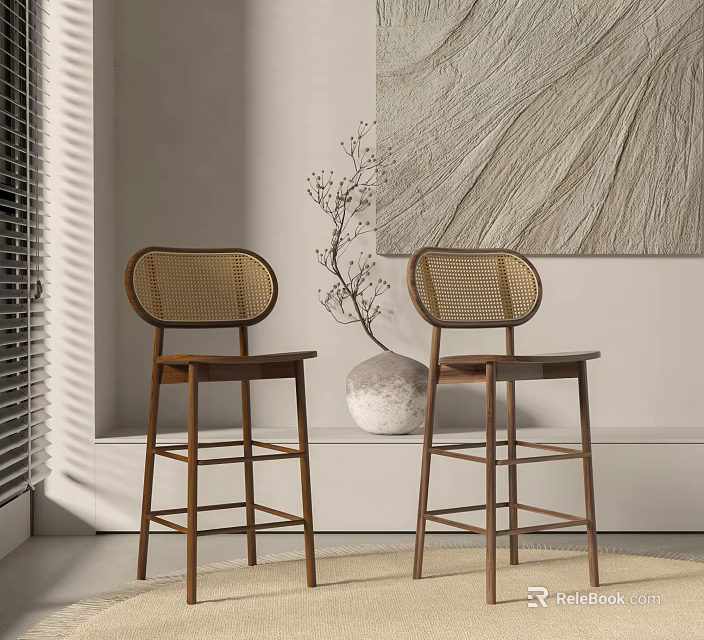 Modern Wooden Bar Stools With Rattan Design In Minimalist Interior With Vase And Wall Decor 3d model 