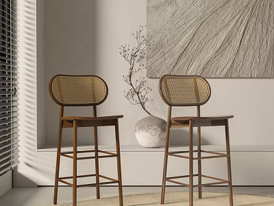 Modern Wooden Bar Stools With Rattan Design In Minimalist Interior With Vase And Wall Decor 3d model