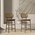 Modern Wooden Bar Stools With Rattan Design In Minimalist Interior With Vase And Wall Decor