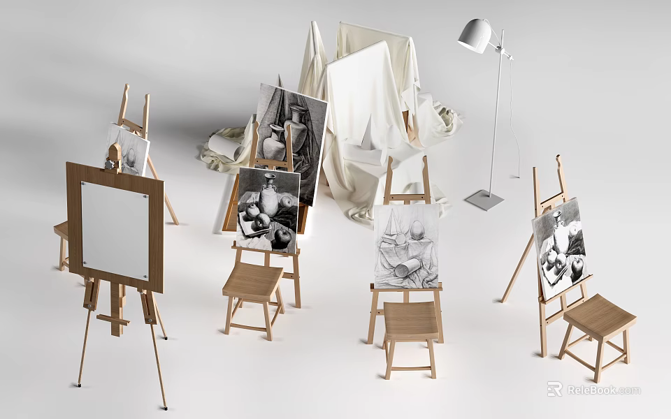 Stylish Musical Instruments And Art Supplies Setup With Easels Drawing Boards Chairs And Floor Lamp 3d model 