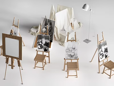 Stylish Musical Instruments And Art Supplies Setup With Easels Drawing Boards Chairs And Floor Lamp 3d model