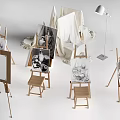 Stylish Musical Instruments And Art Supplies Setup With Easels Drawing Boards Chairs And Floor Lamp