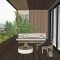 Cozy Wooden Home Balcony Interior with Sofa Fire Pit Green Plants and Cat