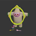 Cartoon Sheep Figure Holding Yellow Hoop With Small Utensils On Black Surface