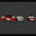 Three Vintage Cars Red Beige With Open Hood And Roof Rack