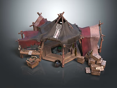 Medieval Market Stall With Wooden Frame Red Cloth Canopy Display Tables And Crate Boxes 3d model