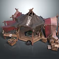 Medieval Market Stall With Wooden Frame Red Cloth Canopy Display Tables And Crate Boxes