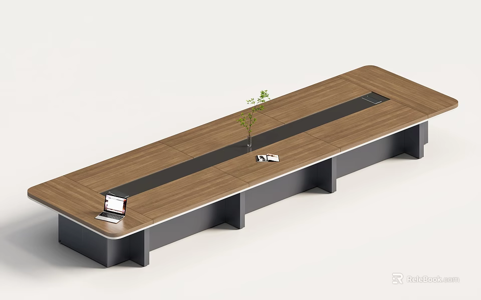 Modern Wooden Conference Table With Laptop Potted Plant On Tabletop And Black Support 3d model 