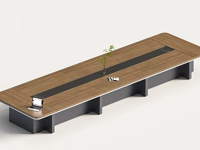 Modern Wooden Conference Table With Laptop Potted Plant On Tabletop And Black Support 3d model